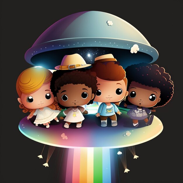 Cartoon illustration of a group of children standing in front of a rainbow generative ai