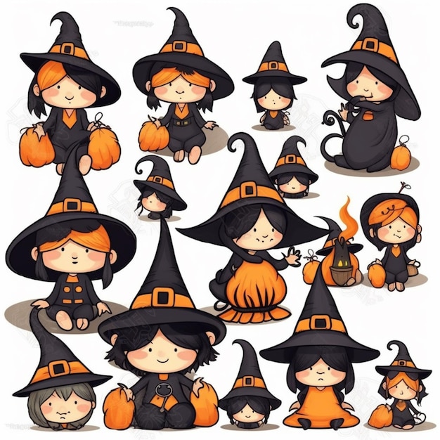 A cartoon illustration of a group of little witches.