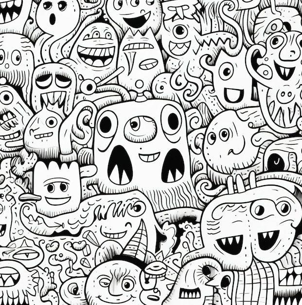 Photo a cartoon illustration of a group of monsters with faces and faces.