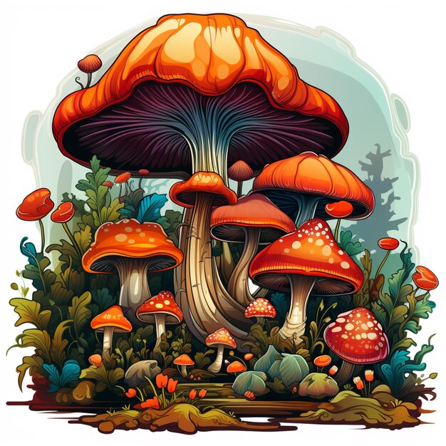 Foto illustrazione di cartone animato di un gruppo di funghi nella foresta generativa ai