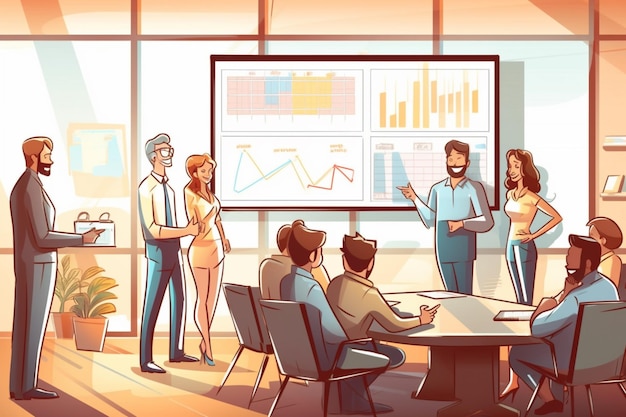 Cartoon illustration of a group of people in a meeting room generative ai