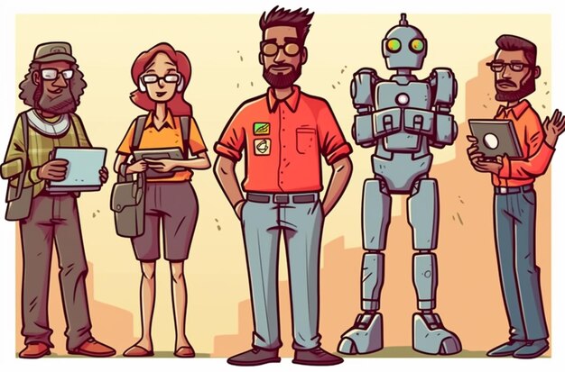 Photo cartoon illustration of a group of people standing next to each other generative ai