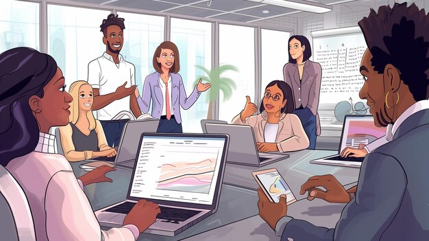 cartoon illustration of a group of young business people working at the office