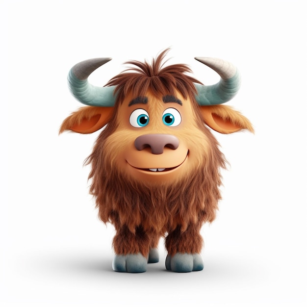 Cartoon illustration of a hairy hairy looking animal with big horns generative ai