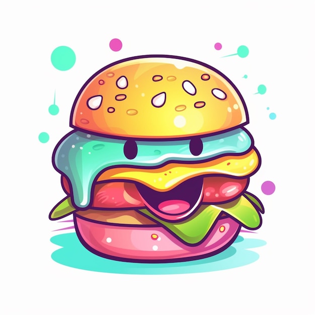 Foto illustrazione a cartone animato di un hamburger con una faccia e una lingua generativa ai