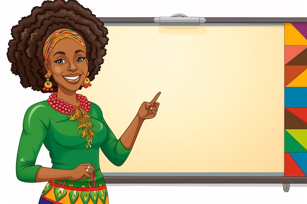 Photo cartoon illustration of a happy african female teacher next to the blackboard in a classroom