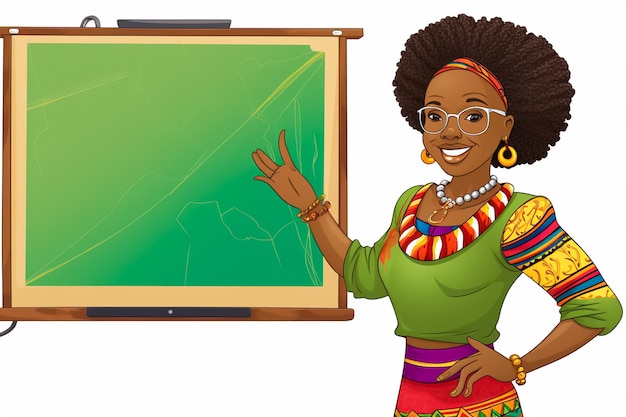 Cartoon illustration of a happy African female teacher next to the blackboard in a classroom