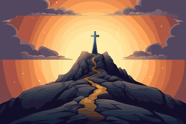 Cartoon illustration heavenly light and clouds unveil Holy Cross over Golgotha Hill