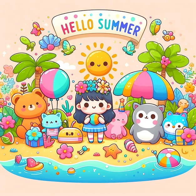 Photo a cartoon illustration of hello hello summer beach with hello hello kitty and beach toys
