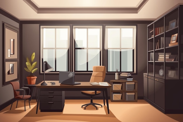 A cartoon illustration of a home office with a desk and a bookcase.