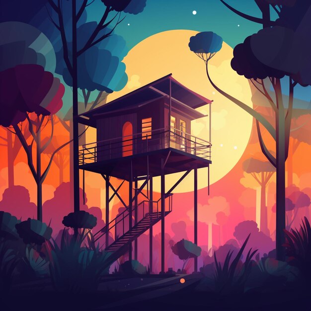 A cartoon illustration of a house in a forest with a sunset in the background.