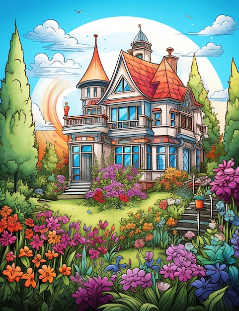 Cartoon illustration of a house in a garden with flowers and trees generative ai