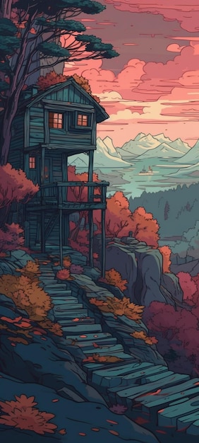 A cartoon illustration of a house on a mountain