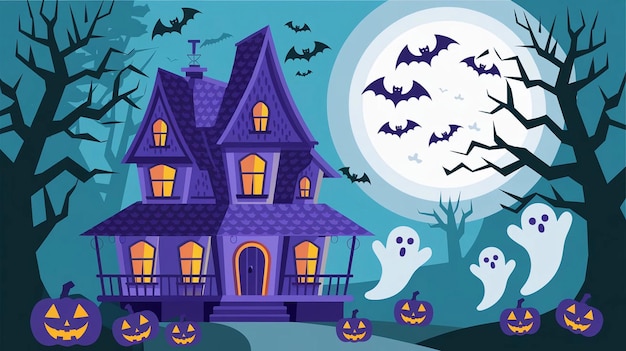 a cartoon illustration of a house with bats flying in the sky