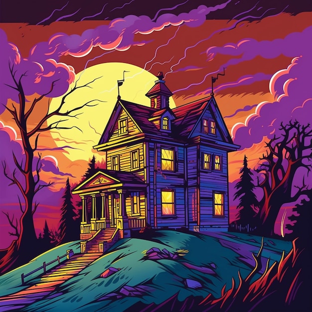 A cartoon illustration of a house with a full moon in the background generative ai