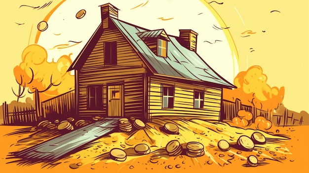 A cartoon illustration of a house with a sun rising behind it.