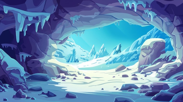 Photo cartoon illustration of the interior of an ice cave with snow and stalactites a mountain cavern with rocks under a clear blue sky fantasy landscape with a frozen grot