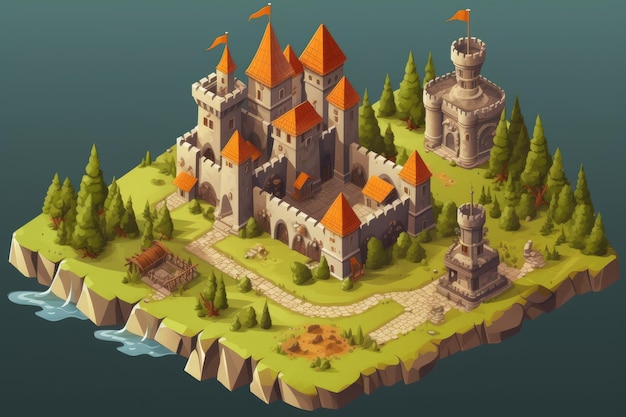 Иллюстрация мультфильма Изометрические игровые активы для дизайна карты средневековый замок