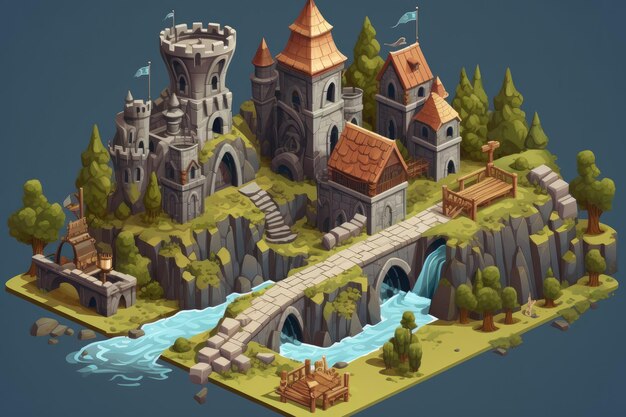 Cartoon illustration Isometric Game assets for map design castle medieval low poly spritesheet