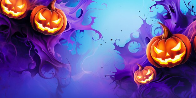 Cartoon illustration of jack o lantern pumpkins in abstract background