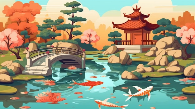 Иллюстрация японского сада с прудом и мостом