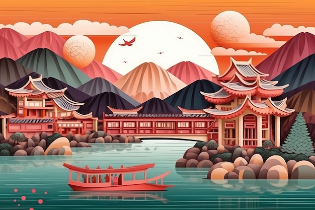 A cartoon illustration of a japanese temple with a boat in the water