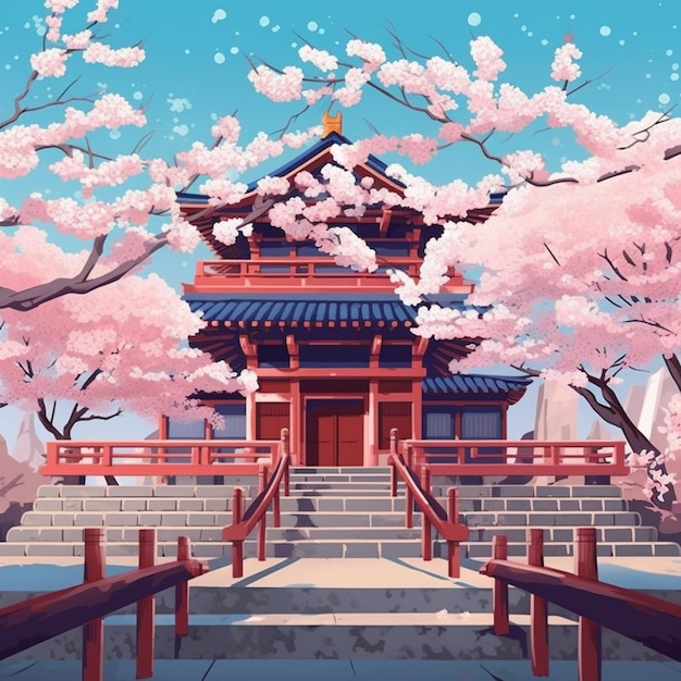 A cartoon illustration of a japanese temple with cherry trees in the foreground generative ai