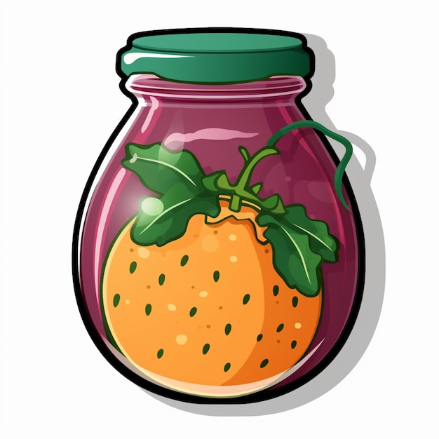 Photo cartoon illustration of a jar of jam with a leaf on top generative ai