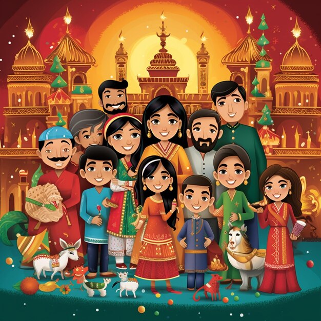 Cartoon illustration of a joyous celebration uniting christmas hanukkah eid and diwali