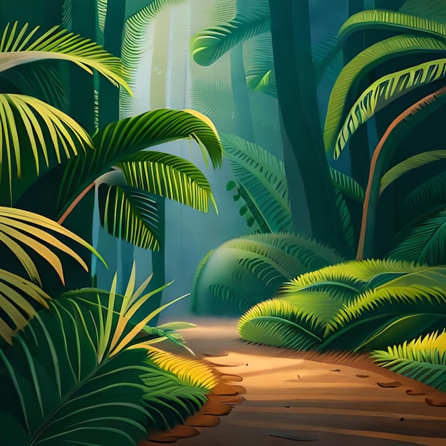 A cartoon illustration of a jungle scene with a road through the jungle