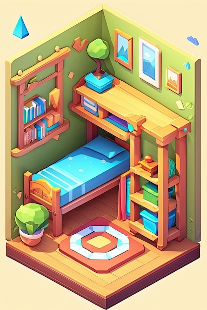 a cartoon illustration of a kid's room with a bed and a shelf with books and a mirror.