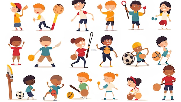Photo a cartoon illustration of kids playing soccer with different characters
