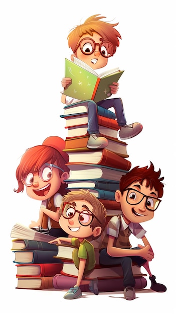 Photo cartoon illustration kids reading books children