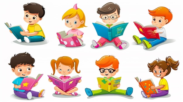 Photo a cartoon illustration of kids reading books with the words kids reading