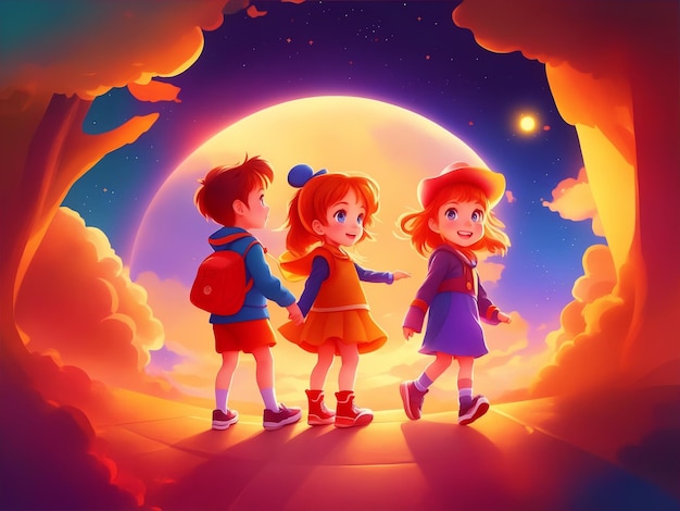 A cartoon illustration of kids walking on a path with a moon in the background