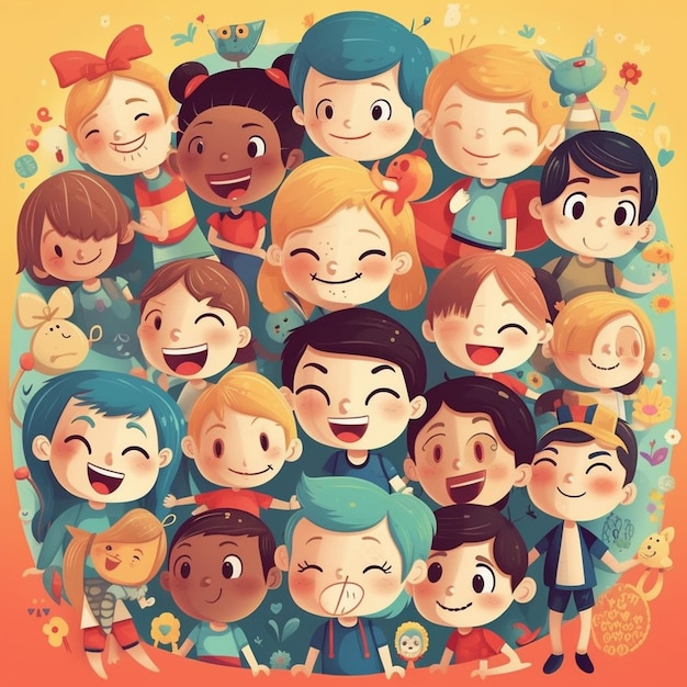 A cartoon illustration of kids with the words happy on the front.