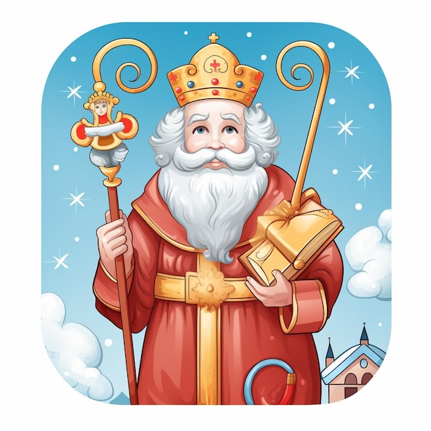 A cartoon illustration of a king holding a golden bell and a golden crown generative ai