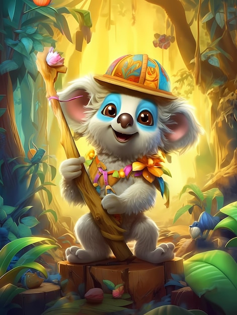 A cartoon illustration of a koala with a hat on and a stick in the middle of it.