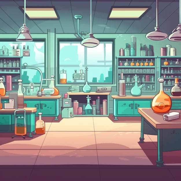 Photo a cartoon illustration of a laboratory with a lot of bottles and a table generative ai