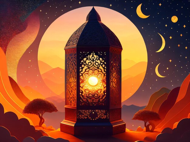 A cartoon illustration of a lamp with the moon in the background.