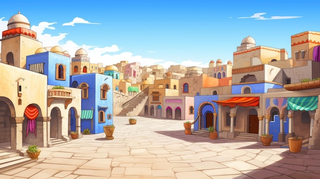 cartoon illustration landscape of ancient arab city with houses and the Arab market