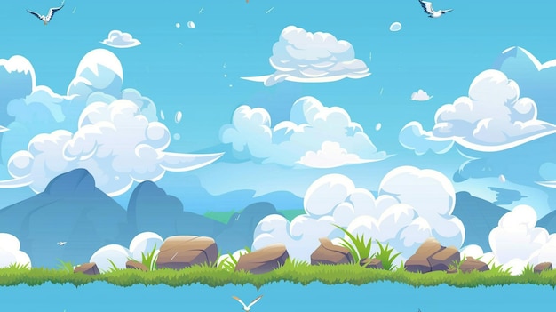a cartoon illustration of a landscape with rocks and clouds