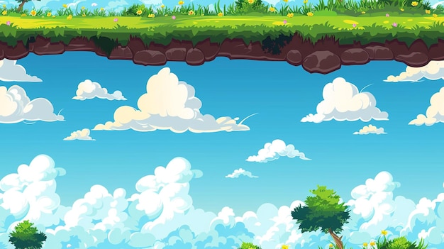 木や雲のある風景のカートゥーンイラスト