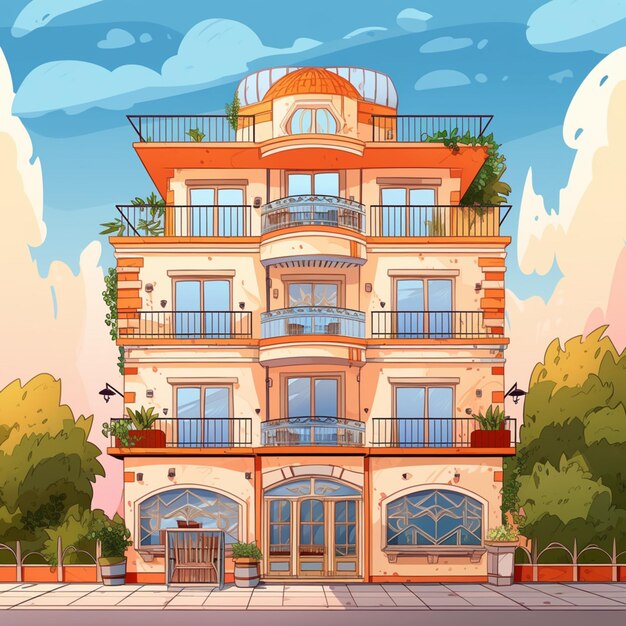 Cartoon illustration of a large apartment building with balcony and balconies generative ai