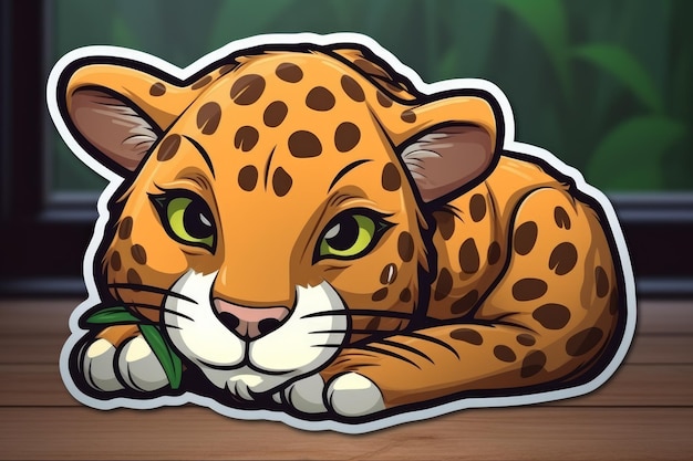 A cartoon illustration of a leopard with green eyes