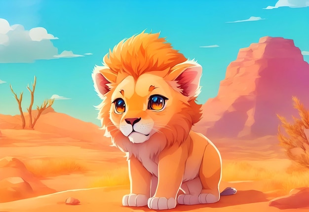 A cartoon illustration of a lion with blue eyes and a blue sky in the background.