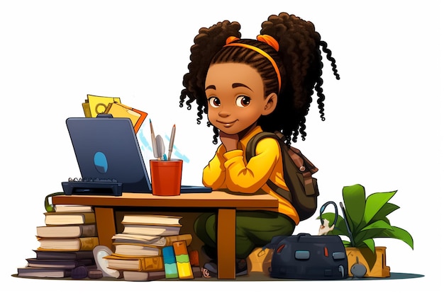 Cartoon illustration of a little African girl in school uniform sitting on a school table