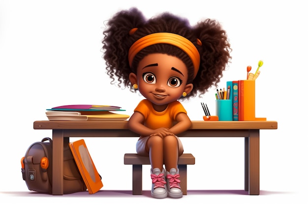 Cartoon illustration of a little African girl in school uniform sitting on a school table