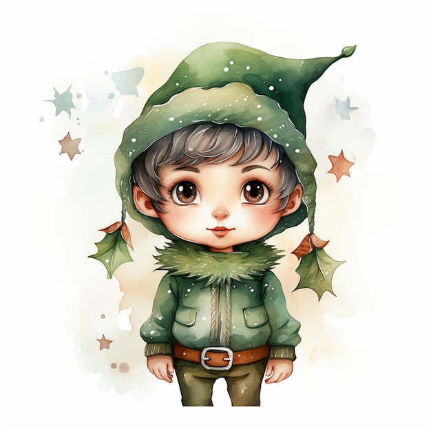 cartoon illustration of a little boy dressed in a green elf costume generative ai