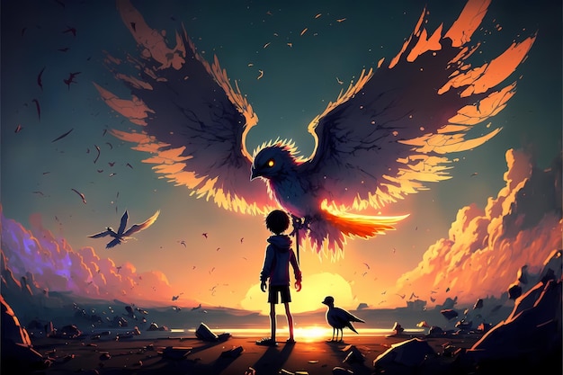 cartoon Illustration of a little boy making friends with a phoenix